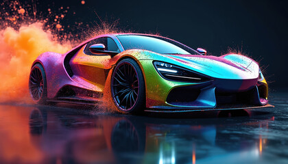 Low angle view of futuristic sports car with vibrant, multi colored paint job. Vehicle moves through water, creating splashes, colored mist. Its sleek design, dynamic movement suggest speed, power.