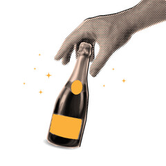 male hand holding bottle of champagne in halftone style,modern celebration collage
