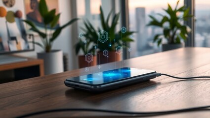 Connected smartphone with floating data icons on desk