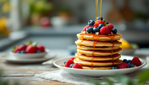 Stack of gourmet Christmas pancakes drizzled with maple syrup and garnished with berries - Powered by Adobe