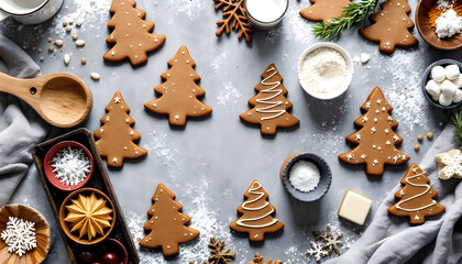Top-down flat lay of decorated gingerbread cookies (stars, trees, men) and baking ingredients