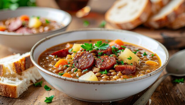plato de lentejas tradicional servido en un cuenco de cer&aacute;mica r&uacute;stica, acompa&ntilde;ado de su guarnici&oacute;n: chorizo, zanahorias, patatas y trozos de pan crujiente a un lado.
