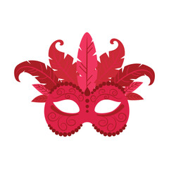 Red carnival mask with feathers and beads on a white background.