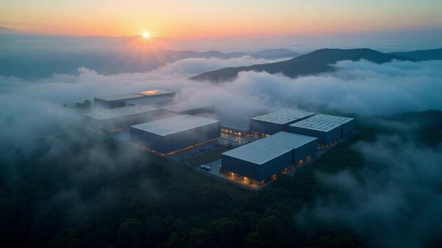 Mysterious dawn fog blankets modern data center, creating an atmospheric, moody, and visually striking aerial drone footage scene.