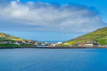 Fototapeta premium view of Eidi Village on Eysturoy Island in the Faroe Islands