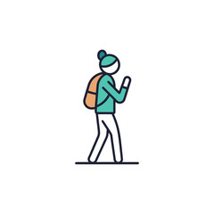 Stylized icon of a person with backpack walking and holding a phone