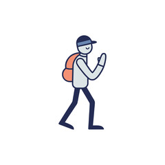 Cartoon character with backpack walking and waving hello