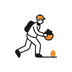 Person in orange hard hat carrying a basket of dark objects and dropping an orange egg