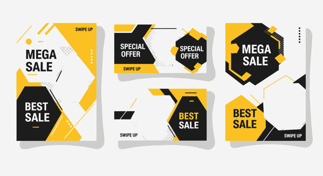 Collection of five vibrant black and yellow promotional banners for digital marketing campaigns.