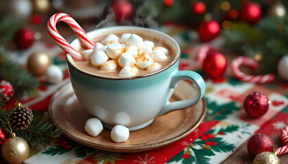 Fototapeta premium A steaming mug of hot cocoa topped with melting marshmallows and a candy cane stir stick