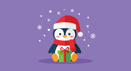 Adorable cartoon penguin wearing a Santa hat and scarf holding a gift.