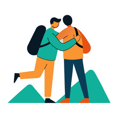 Two hikers embracing on a mountain peak celebrating their journey together