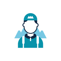 Stylized hiker icon with mountains and backpack on black background