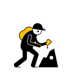 Stylized cartoon figure with yellow hair and white eye playing with a small white ball