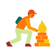 Person with backpack tending a small brick fire with a bright yellow flame