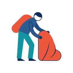 Stylized person with backpack collecting large orange object on black background