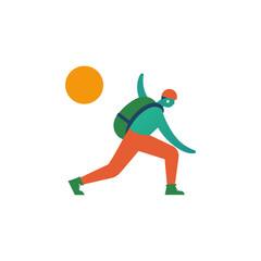 Adventurous hiker with backpack and sun in minimalist style
