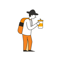 Stylized person in hat and backpack holds a coffee cup