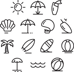 Obraz premium Summer beach vacation icons umbrella surfboard