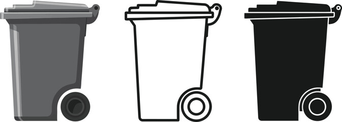 Three trash cans in gray outline and black on a white background view