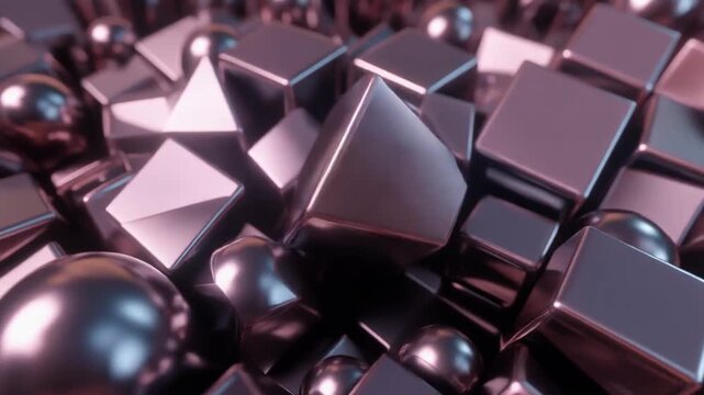 Abstract Metal Shapes Cubes, Spheres, and Pyramids in a 3D Rendering | Geometric Background