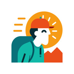 Adventurous hiker with backpack and sunburst over mountains