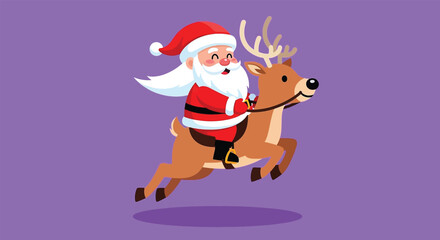 Fototapeta premium Cheerful Santa Claus riding a reindeer celebrating Christmas joy and winter holidays.