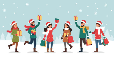 Naklejka premium Cheerful people in Santa hats holding Christmas gifts and shopping bags.