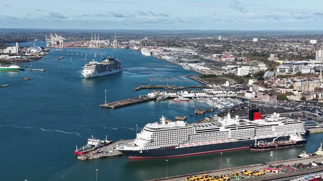Southampton, UK &ndash; October 31, 2025 : Aerial view large cruise ship at sea, a passenger cruise ship vessel. View from the drone.