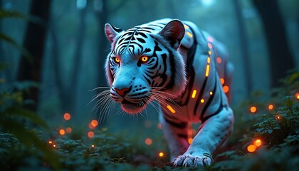 Cybernetic tiger with glowing orange eyes stalks through dark, futuristic forest at night. Bioluminescent lights dot sleek white body, surrounding undergrowth, creating ethereal ambiance. Wild cat