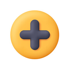 Black plus or medical cross on yellow circle button. Medicine, healthcare, user interface and technology concept. 3d vector icon. Cartoon minimal style.