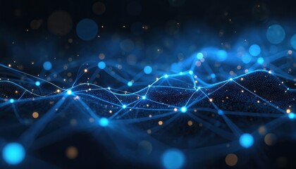 Abstract blue glowing digital network with light particles spreading across dark background. Futuristic technology concept for data connections global web.