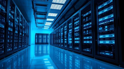 Fototapeta premium Futuristic Data Stream in Server Room with Neon Light Trails and Digital Technology.