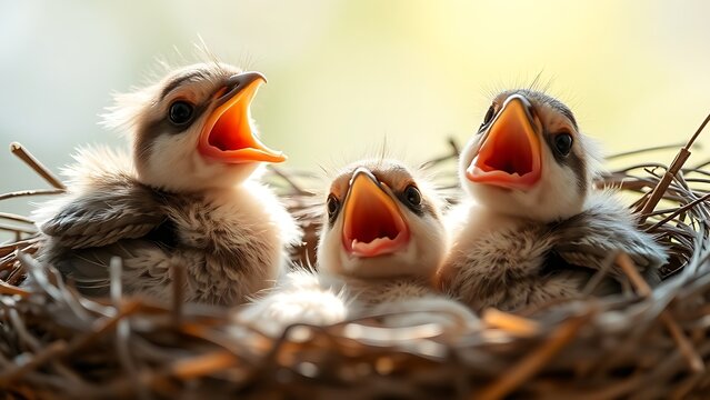pragmatism. Newborn birds in nest with open beaks, soft morning light. wildlife magazines, conservation campaigns, designed for wildlife conservation campaigns.