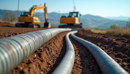 Excavators dig trench for underground power cable installation. Construction project lays new energy infrastructure for grid connection. Rural landscape shows heavy machinery working.
