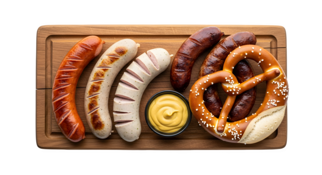 Grilled sausages and pretzel with mustard on a wooden board top down view on transparent background