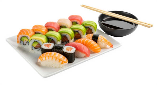 Assorted sushi platter with rolls nigiri and soy sauce on a white square plate on transparent background