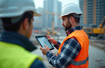 Obraz premium Construction workers in hard hats use tablet on building site. Future tech improves industry planning with digital blueprints. Modern project management for infrastructure development.