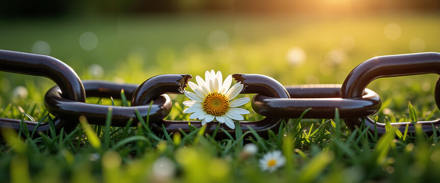 Chain links with a daisy flower on green grass at sunset