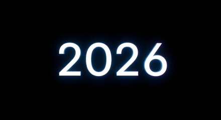 A glowing white year two thousand and twenty six on a plain black colored background image view
