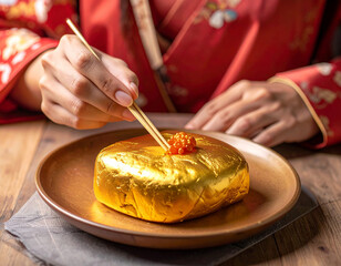 金色の食べ物を食べる人