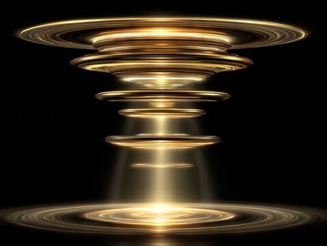 Golden concentric rings forming a luminous vortex of light, symbolizing power, innovation, and the radiant convergence of energy and creation