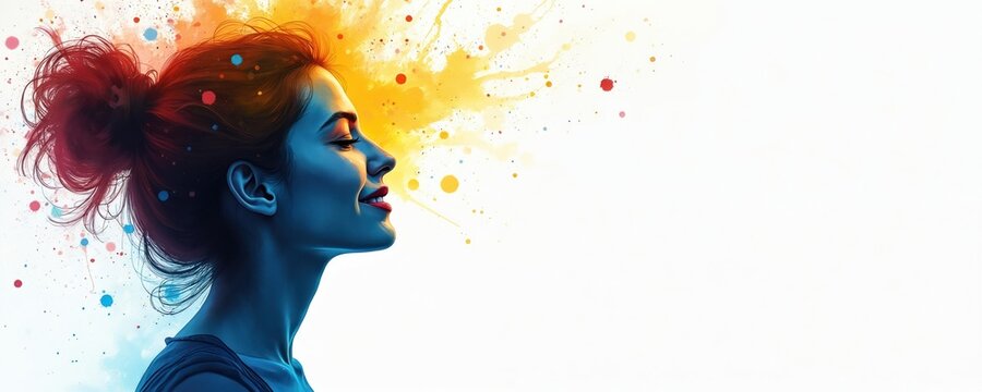 Woman with eyes closed smiles against abstract paint splashes. Colorful vibrant head with messy bun exudes joy. Creative mind concept with copy space for text. Positive emotion and mindfulness theme.