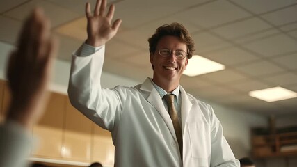 male high school teacher conducting science fair demonstration bright gym muted applause creative discovery event cinematic color correction, gentle backlight, clean negative space, high quality