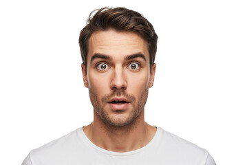 Obraz premium Man shows surprise with wide eyes and open mouth, wearing a plain white t-shirt against a plain background