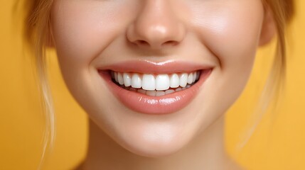 Obraz premium Smiling Woman Close-Up Portrait with Bright White Teeth Against a Yellow Background for Dental and Beauty Concepts