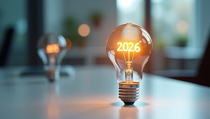 Future Forward Glowing light bulb with 2026 on a modern office desk, symbolizing strategic business innovation and upcoming goals