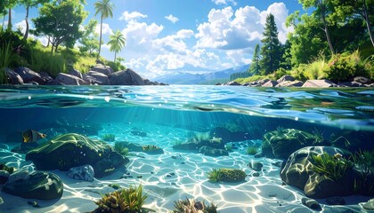 Half under/over water view of a sunny tropical beach with lush greenery and rocky shores