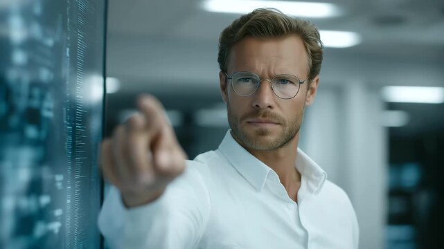 male instructor presenting artificial intelligence principles with digital board glowing interface modern education cinematic color correction, gentle backlight, clean negative space, high quality