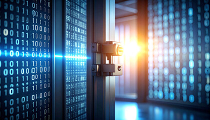 Cyber Fortress: The image reveals a server room, presenting the digital world, filled with binary code, that represents the intricate security measures and data storage